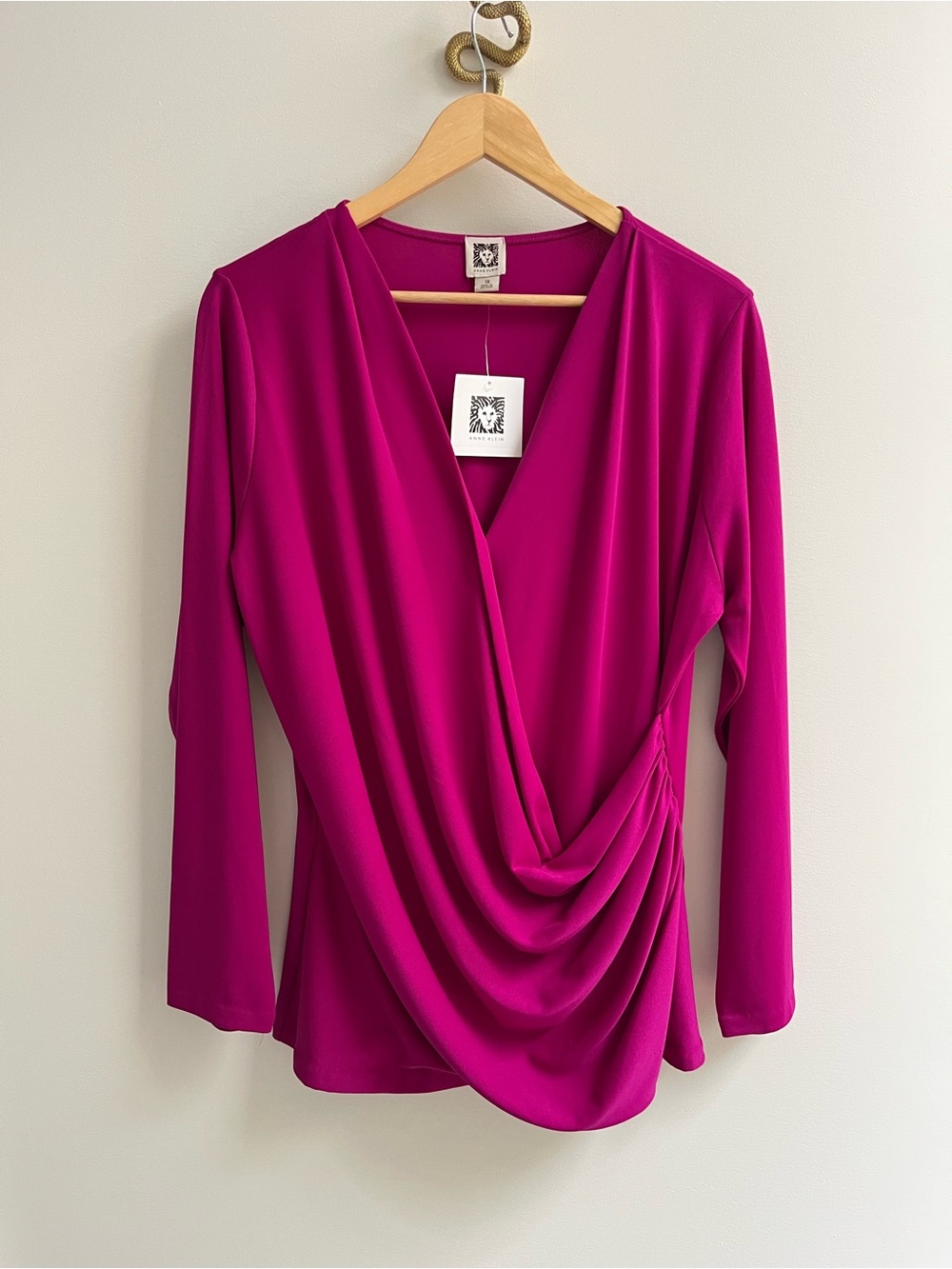 Anne Klein NWT Plus Draped Front Faux Wrap Long Sleeve Surplice Top Magenta 1X